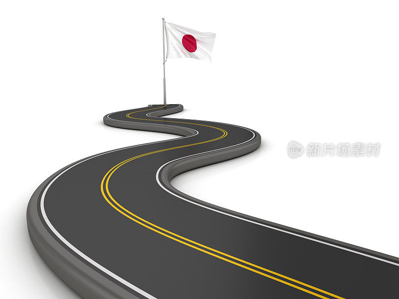 日本国旗在蜿蜒的道路- 3D渲染